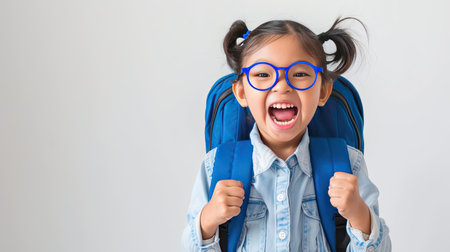 Young asian girl round glasses in excitement to go to school , she wearing a blue backpack, against white background. her expression is one of eager anticipation and joy. AI Generated .の素材