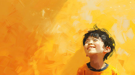 Young boy against a vibrant yellow background. His expression is one of eager anticipation and joy. - AI Generated , Watercolor style.の素材