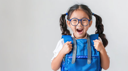 Young asian girl round glasses in excitement to go to school , she wearing a blue backpack, against white background. her expression is one of eager anticipation and joy. AI Generated .の素材