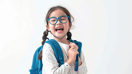 Young asian girl round glasses in excitement to go to school , she wearing a blue backpack, against white background. her expression is one of eager anticipation and joy. AI Generated .の素材