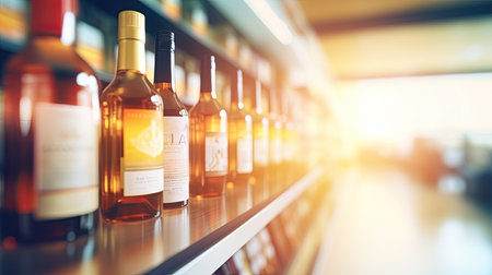 Wine bottles on liquor alcohol shelves in supermarket store background. Generative AI.の素材