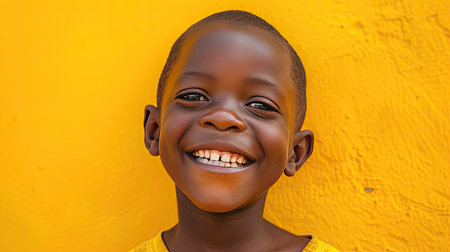 Young boy against a vibrant yellow background. His expression is one of eager anticipation and joy. - AI Generated.の素材