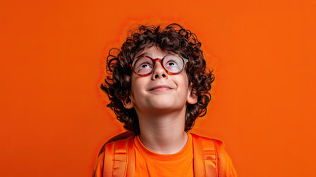Young boy against a vibrant yellow background. His expression is one of eager anticipation and joy. - AI Generated.の素材