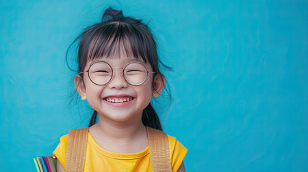 Back to school concept. Portrait Young asian girl with dark hair and round glasses happy funny cute little child girl smiling and laugh hug books, studio shot isolated blue background. Kid from preschool kindergarten with school bag education - AI Generated.の素材