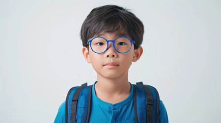 Young asian boy round glasses in excitement to go to school , he wearing a blue backpack, against white background. His expression is one of eager anticipation and joy. AI Generated.の素材