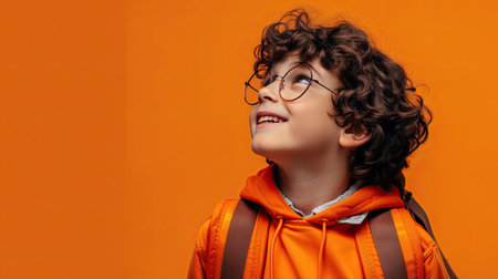Young boy against a vibrant yellow background. His expression is one of eager anticipation and joy. - AI Generated.の素材