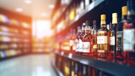 Wine bottles on liquor alcohol shelves in supermarket store background. Generative AI.の素材
