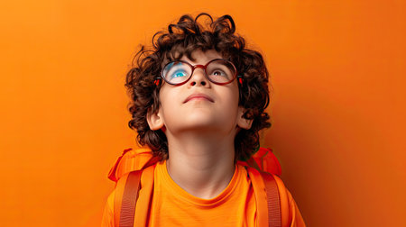 Young boy against a vibrant yellow background. His expression is one of eager anticipation and joy. - AI Generated.の素材
