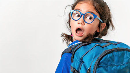 Young asian girl round glasses in excitement to go to school , she wearing a blue backpack, against white background. her expression is one of eager anticipation and joy. AI Generated .の素材