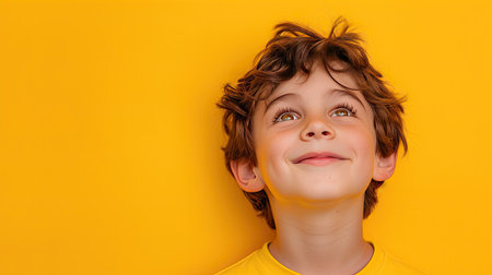 Young boy against a vibrant yellow background. His expression is one of eager anticipation and joy. - AI Generated.の素材