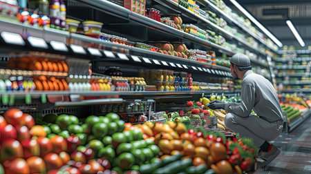 A stock clerk is crouching and displaying groceries on shelves at supermarket. AI Generated.の素材