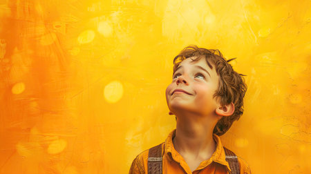 Young boy against a vibrant yellow background. His expression is one of eager anticipation and joy. - AI Generated.の素材