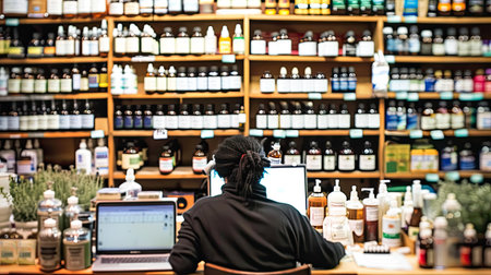 Grocery store, small business and black woman at counter with laptop for stock inventory, planning and sales report. Computer, internet and manager at sustainable supermarket with eco friendly care. - AI Generated.の素材