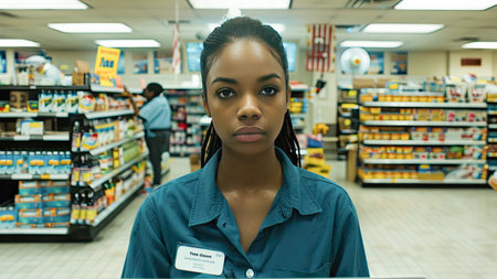 Grocery store, small business and black woman at counter with laptop for stock inventory, planning and sales report. Computer, internet and manager at sustainable supermarket with eco friendly care. - AI Generated.の素材
