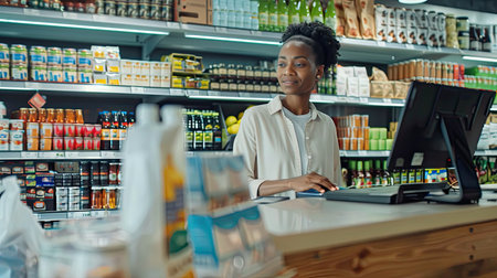 Grocery store, small business and black woman at counter with laptop for stock inventory, planning and sales report. Computer, internet and manager at sustainable supermarket with eco friendly care. - AI Generated.の素材