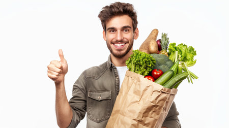 Happy young male is holding healthy groceries in paper bag from supermarket pointing and showing with thumb up to the side with happy face smiling on isolated white background. AI Generated.の素材