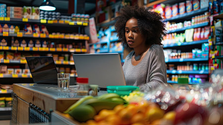 Grocery store, small business and black woman at counter with laptop for stock inventory, planning and sales report. Computer, internet and manager at sustainable supermarket with eco friendly care. - AI Generated.の素材