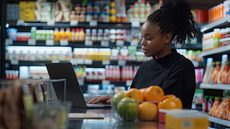Grocery store, small business and black woman at counter with laptop for stock inventory, planning and sales report. Computer, internet and manager at sustainable supermarket with eco friendly care. - AI Generated.の素材