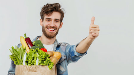 Happy young male is holding healthy groceries in paper bag from supermarket pointing and showing with thumb up to the side with happy face smiling on isolated white background. AI Generated.の素材