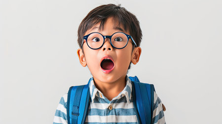 Young asian boy round glasses in excitement to go to school , he wearing a blue backpack, against white background. His expression is one of eager anticipation and joy. AI Generated.の素材