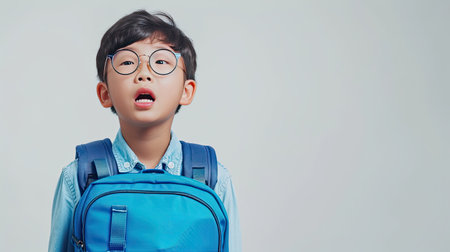 Young asian boy round glasses in excitement to go to school , he wearing a blue backpack, against white background. His expression is one of eager anticipation and joy. AI Generated.の素材