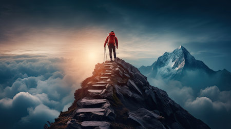 Path of person success on mountains. Mountain climbing progress route to peak. Business journey. Generative AI.の素材