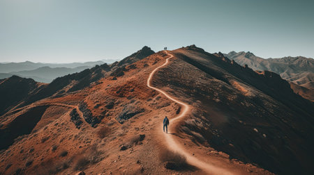 Path of person success on mountains. Mountain climbing progress route to peak. Business journey. Generative AI.の素材