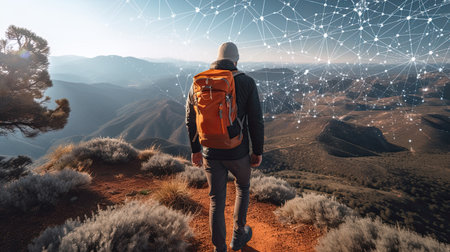 Path of person success on mountains. Mountain climbing progress route to peak. Business journey. Generative AI.の素材