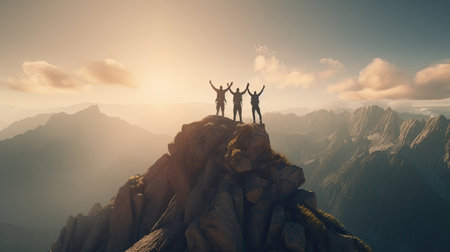 Together overcoming obstacles with three people holding hands up in the air on mountain top , celebrating success and achievements. - AI Generated.の素材