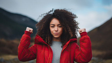 Young female outdoors with fist in the air feeling strong and confident. Victory and success concept. AI Generated.の素材