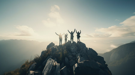 Together overcoming obstacles with three people holding hands up in the air on mountain top , celebrating success and achievements. - AI Generated.の素材