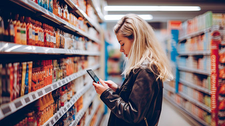 Side view of caucasian woman scans qr code of product using smartphone. Shelves with food in background. AI Generated.の素材