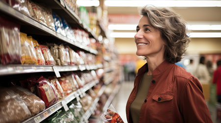 Smiling mature woman shopping for food at a supermarket on isolated white background. AI Generated.の素材