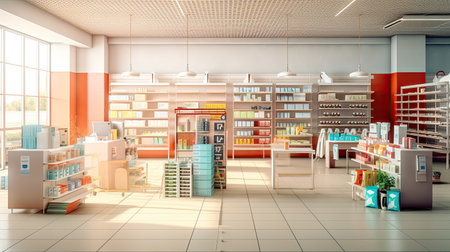 Sales area of the store with rows of shelving, display of goods and daylight. - AI Generated.の素材