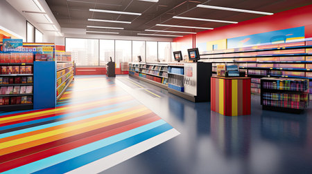 Sales area of the store with rows of shelving, display of goods and daylight. - AI Generated.の素材