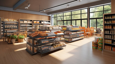 Sales area of the store with rows of shelving, display of goods and daylight. - AI Generated.の素材