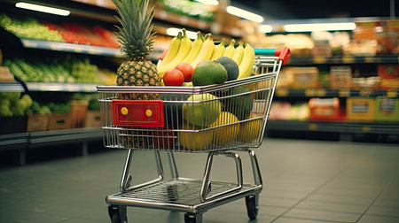 Shopping cart in grocery store full of fruits and vegetables. AI Generated.の素材