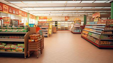 Sales area of the store with rows of shelving, display of goods and daylight. - AI Generated.の素材