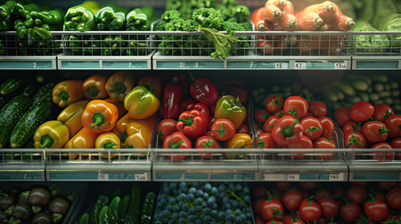 Vegetables on shelf in supermarket. AI Generated.の素材