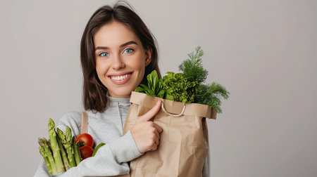 Young woman is holding healthy groceries in paper bag from supermarket pointing and showing with thumb up to the side with happy face smiling on isolated white background. AI Generated.の素材