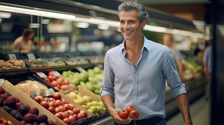 Smiling mature man shopping for food at a supermarket. AI Generated.の素材