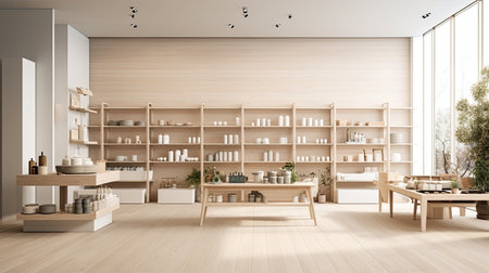 Sales area of the store with rows of shelving, display of goods and daylight. - AI Generated.の素材
