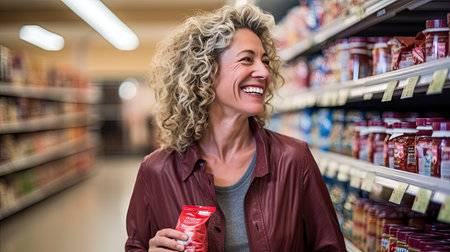 Smiling mature woman shopping for food at a supermarket on isolated white background. AI Generated.の素材