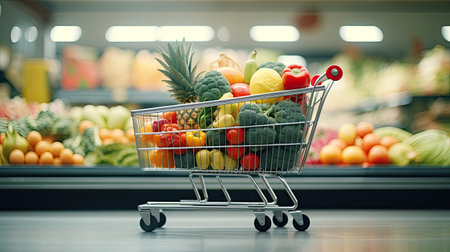 Shopping cart in grocery store full of fruits and vegetables. AI Generated.の素材