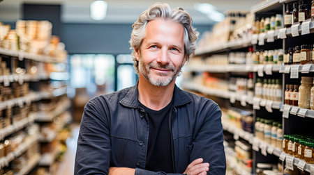 Smiling mature man shopping for food at a supermarket. AI Generated.の素材