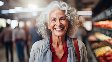 Smiling mature woman shopping for food at a supermarket on isolated white background. AI Generated.の素材