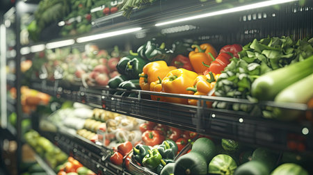 Vegetables on shelf in supermarket. AI Generated.の素材