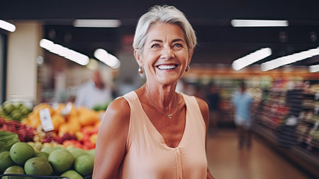 Smiling mature woman shopping for food at a supermarket on isolated white background. AI Generated.の素材