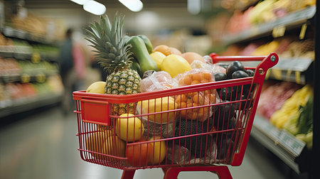 Shopping cart in grocery store full of fruits and vegetables. AI Generated.の素材