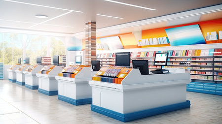 Sales area of the store with rows of shelving, display of goods and daylight. - AI Generated.の素材